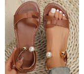Women's Fashion Summer Sandals, Faux Pearl Metallic Strap Slip On Beach Flat Shoes, Casual Outside Sandals