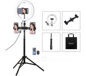 PULUZ 10.2 inch 26cm RGBW Light + 1.65m Tripod Mount + Dual Phone Bracket Curved Surface USB RGBW Dimmable LED Ring Selfie Beauty Vlogging Video Light Live Broadcast Kits with Cold Shoe Tripod Ball Head & Phone Clamp & Remote Control(Black)