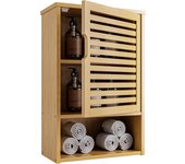 Armario de Baño de Pared, Mueble Colgante de Bambú con Puerta y Estante Ajustable, Organizador de Almacenamiento sobre Inodoro para Baño, Cocina, 60cm de Altura, Natural