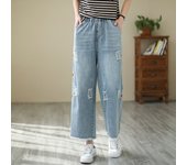 Nine point cotton wide leg embroidered jeans, women's high waisted, ruffled, loose fitting oversized straight leg casual pants