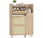 Mueble Zapatero Armario Zapatero con 3 Cajones Abatibles con Frentes de Ratán para 12 Pares de Zapatos Estantes Ajustables Zapatero Estrecho para Pasillo Entrada 80x23x120 cm Roble