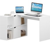 Mesa Escritorio Esquinero en L con 4 Estanteria + 2 Armarios - 120 cm Escritorio Ordenador de Oficina, Mesa Estudio con Doble Tablero para 2 Ordenadores, 118x100x75 cm, Blanco Beige