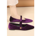 Elegant Velvet Ballet Flats Woman Velour  Shoes Ladies Pointed Toe Buckle Strap Loafers In Purple Green