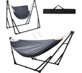 Hamaca de Algodón con Soporte Plegable, Set de Soporte de Hamaca Portátil de Doble Uso para Hamacas de Interior y Exterior Jardín Terraza Patio Camping Cubierta