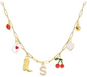 Boho Red Lips Cherry Heart Letter Charm Necklace Gold Plated Boots Crystal Initials Necklaces Cowgirl Beach Jewelry