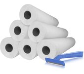 Papel Camilla ECO 59 cm x 70 m + 100 Cuchillas de Afeitar Desechables de Una Hoja para Uso Profesional