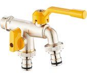 Grifo Doble para Jardín, Grifo de Agua de latón de 1/2 pulgadas, Grifo montado en la de exterior con salida de 2x 3/4 pulgadas | Para Jardín, barril de gota | antioxidante y anticongelante (Amarillo)