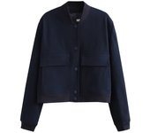 Chaqueta Bomber Retro De Color Sólido Chaqueta Bomber De Manga Larga Chaqueta Informal De Primavera para Mujer Chaqueta Elegante con Cremallera De Solapa Estilo Callejero para Mujer, Azul Marino, Talla L