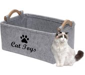 Cesta de almacenamiento de juguetes para gatos - Caja de almacenamiento con mango de madera, caja de almacenamiento para juguetes de gatos, ropa y accesorios para mascotas - Gris claro - Tamaño grande 38X25X24cm