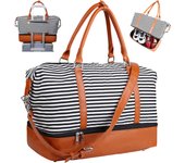 Bolsa de fin de Semana with compartimentalization para Zapatos para Mujeres y Helbres, Bolsa de deporte para gimnasio de 39 L, Bolsa de Lona extragrande para viajar, bolsa de Lona de Mano para Aviones (Rayas blancias y Negreas)