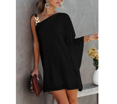 Summer Commuter Women's S-2XL size Dress One Line Diagonal Neck Off Shoulder Solid Color and PrintedMetal Strap Bat Sleeve