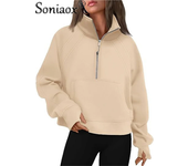 Women's Zipper Half Cardigan Splicing Kangaroo Pouch Thickened Sweatshirt Female Autumn Winter Stand-up Collar Hoodie Outerwear