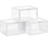 SONGMICS Cajas de Zapatos, Paquete de 3 Organizadores de Zapatos Apilables con Puerta Transparente, Zapatería de Plástico, Talla 46, 36 x 28 x 22 cm, Transparente