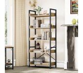 Librería de 5 Niveles, Estantería Industrial para Libros de Piso, Estante de Madera y estanterías con Marco de Acero Estable con 4 Ganchos