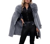 Chaqueta de piel Sintética de Gamuza para Mujer, Abrigo Largo Cálido de Invierno con Cuello de piel