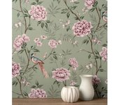 Muestra DIN A4 de Papel pintado de pájaros y flores fondo texturizado efecto fibra vegetal verde - Nora Garden 681988 de GAULAN