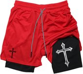 Men's cross printed 2-in-1 training shorts with compression lining, Christian gym sports shorts, phone pocket, towel buckle, run