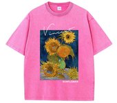 Casual Womens Cotton Washed T-Shirts Van Gogh Sunflower Printing Short Sleeve O-Neck Breathable Soft Tops Fashion Female Clothes