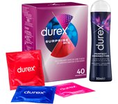 Durex - Surprise Mix 40 Condones Surtidos + Lubricante Perfect Connection 50 ml, Sensitivo Suave, Extra Seguro y Estimulante Suave