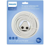 PHILIPS SWV2209W/10 - Cable Coaxial, Cable Antena TV tipo PAL,  Alta Definición, 15 Metros, Forro de PVC flexible, Adaptador Hembra-Hembra Incluido, Conectores Niquelados, Conexión Segura (Color Blanco)