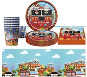 Juego de cubiertos de bombero Sam, decoración de cumpleaños, 41 piezas de bombero, vajilla para fiesta con pancarta decorativa para tartas, platos, servilletas, accesorios para fiestas