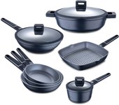 Set 10 piezas: sartén 20, 24 y 26 cm, cazo 16 cm, cacerola baja 28 cm, sartén asador 28 cm y wok 28 cm, aluminio fundido Ind Indigo MP