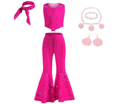 2024 Movie Barbi Cosplay Costume for Girls Rose Red Vest Top and Flared Pants Suit Kids Fantasy Halloween Carnival Party Clothes