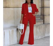 BAMBOOBOY Elegant Women Double Breasted Long Sleeve Blazers with Pocket and Flare Pants Suit Matching Two 2 Piece Set Outfits