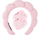 Juego de muñequeras y toallas para la muñeca con diadema de spa para lavarse la cara, diademas para el cuidado de la piel para mujeres, diademas faciales con esponja esponjosa, bandas para el cabello, ducha rosa