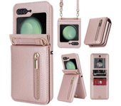 Z Flip 5 Funda, Crossbody Zipper Case for Samsung Z Flip 5 with Card Holder Rose Gold