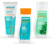 AGRADO - Pack Cremas Solares + Aftersun, Set con Crema Protectora Facial SPF50+ 75 ml, Crema Solar SPF50 250 ml, Loción Aftersun Hidrocalmante con Aloe 250 ml, Fórmula Vegana, Protección Bajo el Sol, Fácil Aplicación y Rápida Absorción, Resistente al Agua