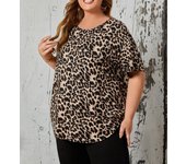 Plus Size Women Summer Crew Neck Leopard Print Pullover Short Sleeve Loose Casual T-shirt