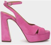 Pedro Miralles Sandalias de tacón de ante en color fucsia modelo OTRANTO en tonos Rosas. Hecho a mano en España.