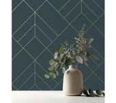 Muestra DIN A4 de Papel pintado geométrico de rombos con líneas doradas fondo azul petróleo estilo Art déco - Arnova 682083 de GAULAN