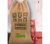 Saco Reyes Magos con nombre, hecho de yute natural, entrega especial de Oriente. Disponible en varias medidas. Te ponemos el nombre que quieras