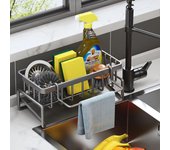 Almacenamiento y organización de cocina, organizador de fregadero de acero inoxidable con bandeja de drenaje automático para soporte de esponja, toallero, excelentes accesorios para baño, color negro.