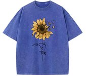 Sunflower And Butterfly Cotton Washed T-Shirt Women Prints Tops Summer O-Neck Oversized T Shirts Vintage Black Woman Clothes