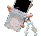 Funda para Samsung Galaxy Z Flip 6 (2024), transparente con diseño de gatos y cadena de perlas para niñas (Funda para Z Flip 5, Gato)