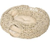 Pawhut Cama para Gatos de Ratán 78x69x22 cm Cesta para Gatos Rolliza con Cojín Suave 3 Orificios de Acceso Túnel para Gatos Madera Natural