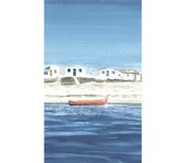 Cuadro "CULATRA" Vertical  Reproducción en lienzo Alta Calidad de acuarela colorida tonos arena azules blanco rojo amarillo verde turquesa bote rojo horizonte casas blancas ventanas de colores Calma Paz vacaciones isla Salon Casa playa Ref ANA DURAN A 035
