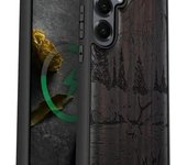 Funda magnética de madera para Galaxy S25+ y Samsung S25 Plus, carcasa de TPU a prueba de golpes con grabado de madera, compatible con cargadores inalámbricos MagSafe (Lago y Montaña) Rosy