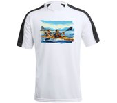MERCHANDMANIA CAMISETA TÉCNICA FRANJA MANGAS NEGRA deporte playa kayak amigos isla tropical tshirt