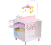 Teamson - Cambiador de juguete de madera 3 en 1, con móvil, ducha y trona, 63x47,5x92,5 cm, tonos pastel, diseño Arco Iris, accesorios para muñeco bebé, accesorios de muñecas, cambiadores para jugar, +3 años