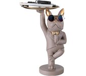 Figura de bulldog francés con bandeja de acero inoxidable, decoración de escultura de decoración de mesa, piezas pequeñas de estatua de cuenco de llave, contenedor, gris