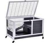 PawHut Jaula para Conejos de Madera Conejera para Mascotas Pequeñas Portátil Interior con Techo Abrible Rampa Bandeja Extraíble para Conejillos de Indias 90x53x59 cm
