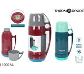 THERMOSPORT - Termo plástico con taza 1L, Acero inoxidable, Aislante para bebidas, Diseño moderno, Portátil