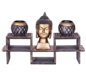 Tradineur - Portavelas zen con cabeza de Buda y 2 velas de té, soporte decorativo, adorno para meditación, relajación, regalo original, 19 x 33 x 8,4 cm