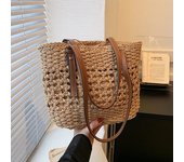 Solid Color Large Capacity Women's Beach Vacation Bag Top Handle Grass Woven Tote Bag Summer Basket Handbag