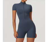 European and American nude one-piece yoga suit with stand up collar, half zipper, short sleeved fitness jumpsuit, tight fitting