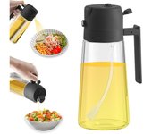 Dispensador de aceite de oliva 2 en 1 y pulverizador de aceite, botella de aceite de vidrio de primera calidad con boquilla antigoteo, atomizador de aceite para cocinar, cocina, ensalada, barbacoa, negro, 470 ml